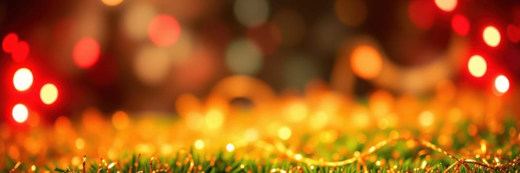 Soft glowing lights and golden decorations adorn a grassy surface, creating a warm and inviting ambiance ideal for celebrating the holiday season with loved ones and friends.