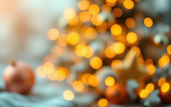 Warm golden lights create a cheerful ambiance around a beautifully decorated Christmas tree. The scene evokes feelings of joy and festive spirit during the holiday season.