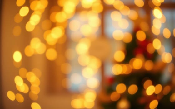 Soft bokeh lights illuminate a festive indoor space, creating a warm and inviting ambiance. The scene captures the essence of holiday cheer and celebration.
