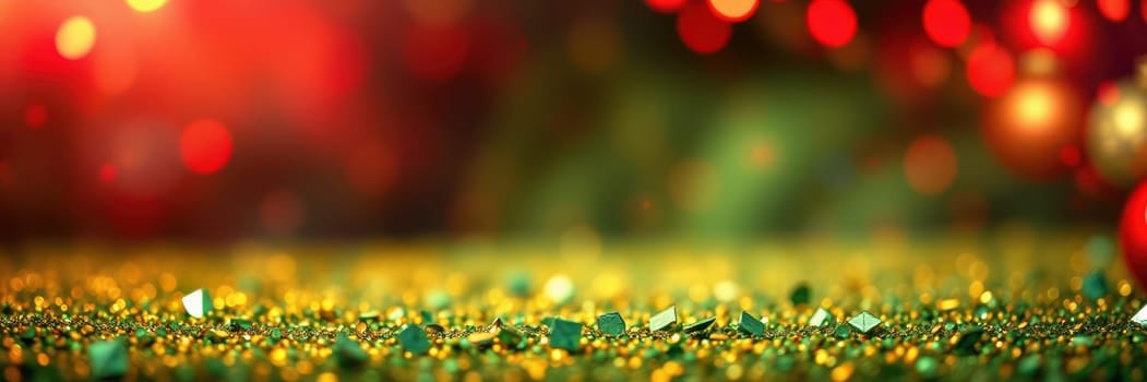 Sparkling glitter creates a vibrant background filled with soft bokeh lights in red and green, perfect for festive occasions and holiday celebrations at night.