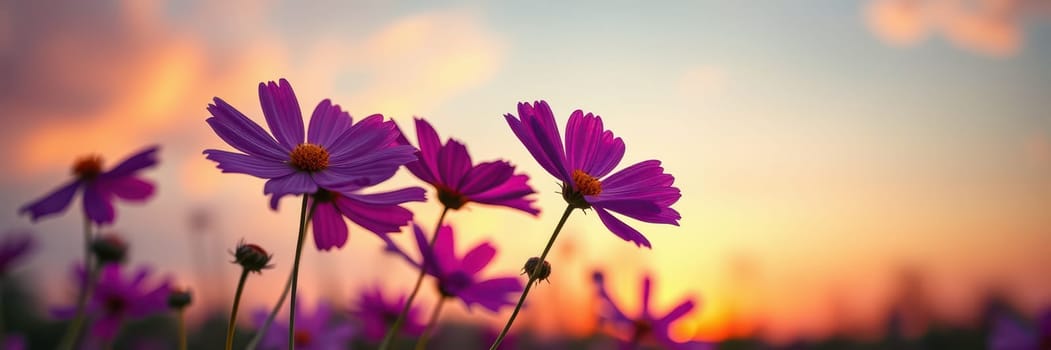 Colorful pink flowers stand tall in a field as the sun sets, casting a warm glow on the petals and creating a serene atmosphere. The sky displays beautiful hues.