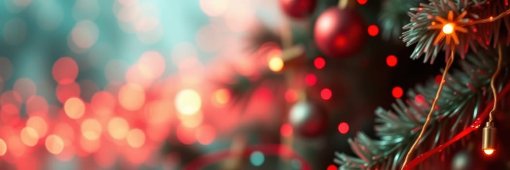 Red ornaments and twinkling lights hang from a Christmas tree, casting a soft glow in a cozy environment, evoking the spirit of the holiday season.