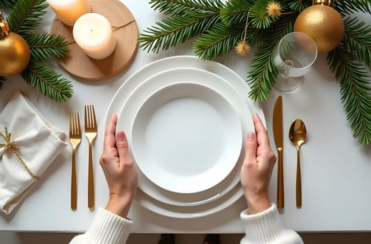 A top view of a Christmas table arrangement, with hands carefully positioning plates, silverware, and festive decorations, setting the scene for a joyful holiday gathering. High quality photo