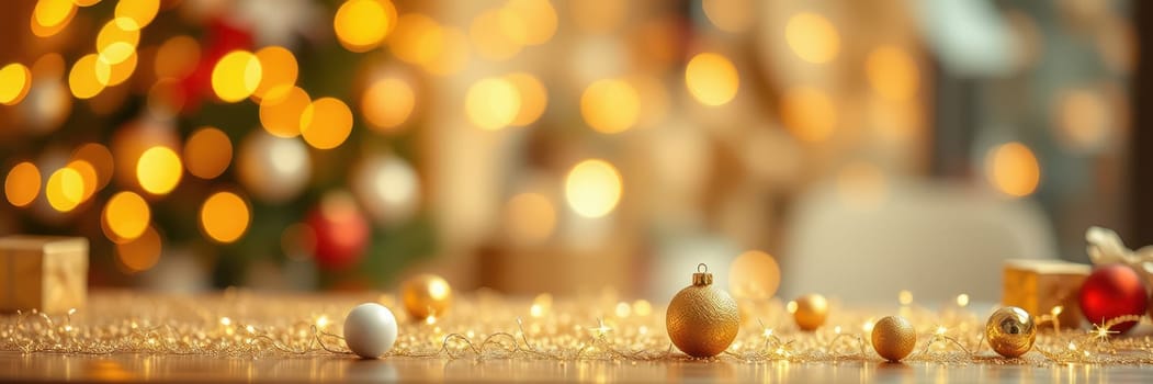 A cozy holiday setting showcases shimmering ornaments and twinkling lights scattered on a table, creating a warm festive atmosphere. The Christmas tree in the background adds to the charm.