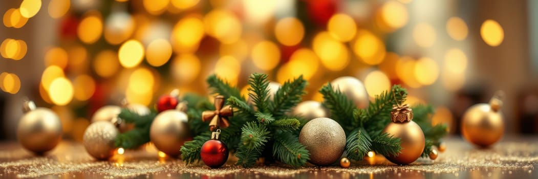 A collection of golden and red ornaments sits among lush pine branches on a wooden table, while warm holiday lights twinkle in the background, creating a cozy atmosphere.