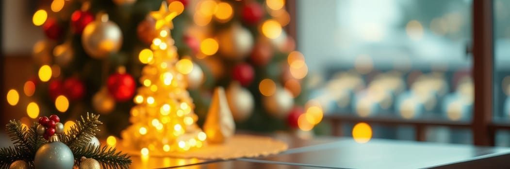 A beautifully set table is adorned with holiday decorations, including pinecones and candles, while a vibrant Christmas tree glows in the background, creating a warm atmosphere.