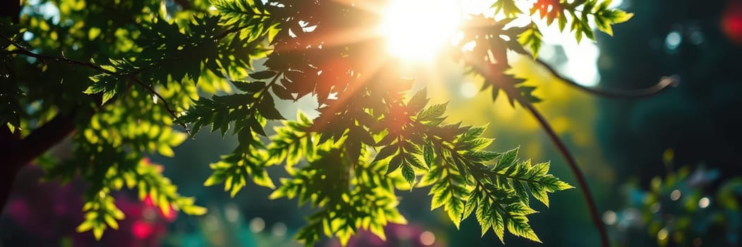 Warm sunlight cascades through lush green leaves in a serene garden. This moment captures nature's beauty as the day transitions into evening, creating a tranquil atmosphere.
