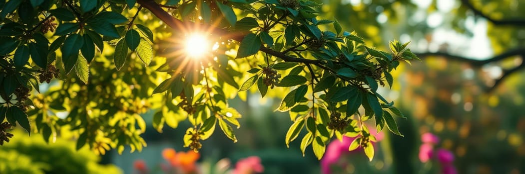 Sunlight streams through the dense foliage of a tree, casting a warm glow on colorful flowers in a serene garden during the late afternoon hours.
