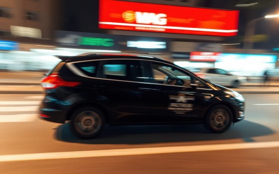 A black car is captured in motion, navigating through an illuminated city street filled with vibrant neon signs and lights at night.