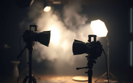 Two cameras are positioned on tripods in a dimly lit studio, with soft lighting creating a dramatic atmosphere. Smoke adds depth to the creative space, enhancing the photoshoot.