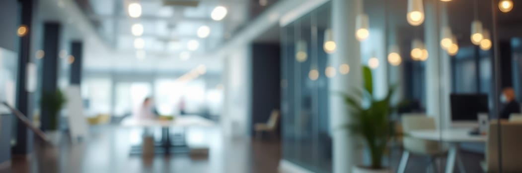 In a spacious office, natural light filters through large windows illuminating sleek workstations and plants, creating an inviting atmosphere for teamwork and creativity.