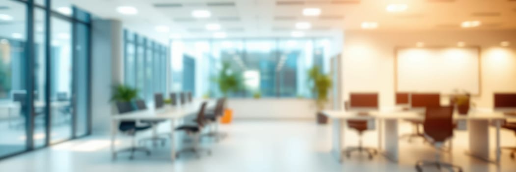 Bright and spacious office area showcases an open layout with multiple workstations. Large windows allow natural light, enhancing the atmosphere with greenery around.