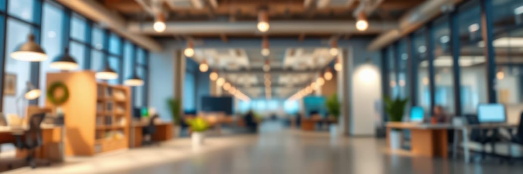 A spacious office environment featuring large windows that allow natural light in. The design emphasizes an open layout with collaborative workspaces and greenery, creating an inspiring atmosphere.