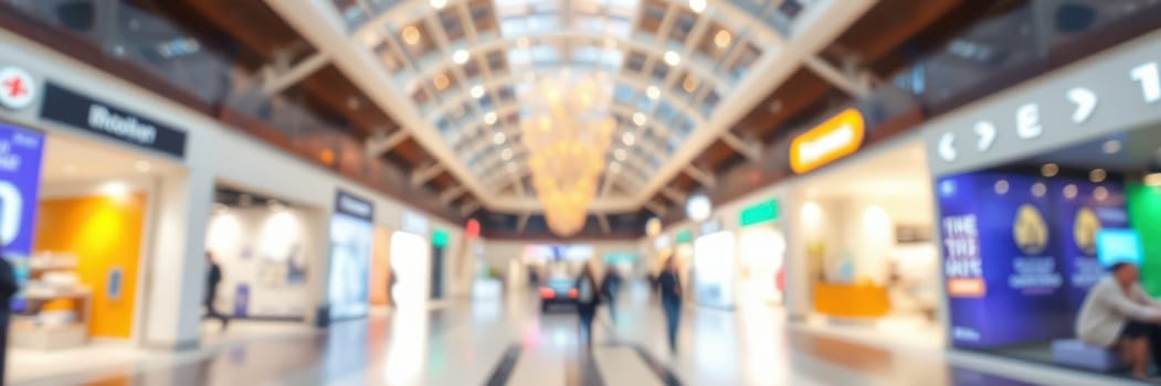 The bustling shopping mall features an array of retail shops lined along a spacious corridor. Visitors browse stores while enjoying the bright, open atmosphere filled with natural light.