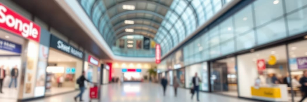 Shoppers stroll through a contemporary mall filled with natural light from expansive glass windows. Stores line the walkway, showcasing diverse brands and enticing displays.