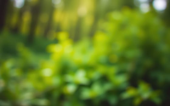 Sunlight filters gently through dense foliage, illuminating vibrant green leaves in a peaceful forest. The atmosphere feels serene and inviting, perfect for a nature walk.