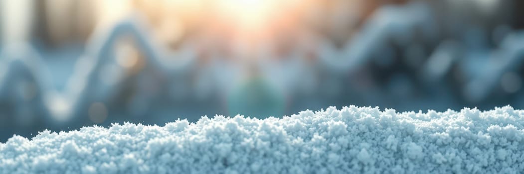 A serene winter landscape features a blanket of fresh snow gently illuminated by soft sunlight. The scene captures the peaceful essence of a cold afternoon in a forested area.