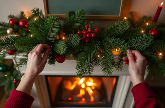 A first-person view of decorating a fireplace with pine branches and garlands, creating a festive and cozy holiday ambiance. High quality photo