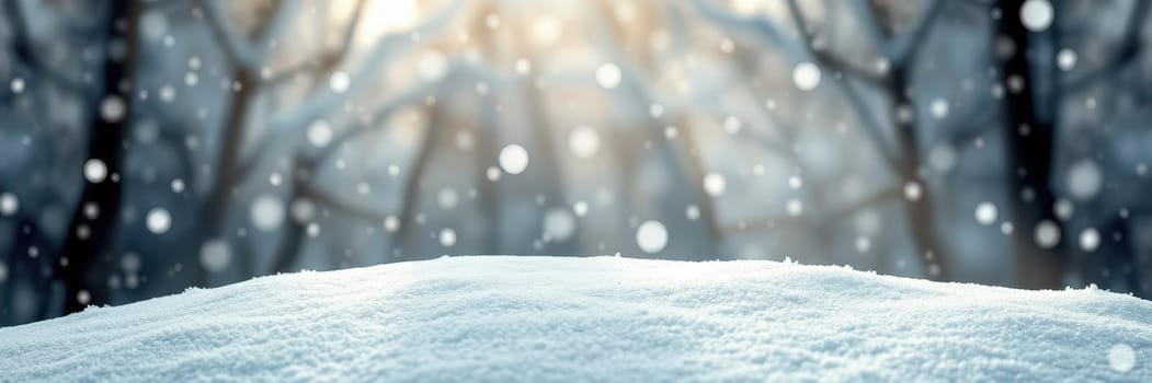 Snow covers the ground in a tranquil forest, while soft sunlight streams through trees, creating a serene winter atmosphere with gentle snowfall in the background.