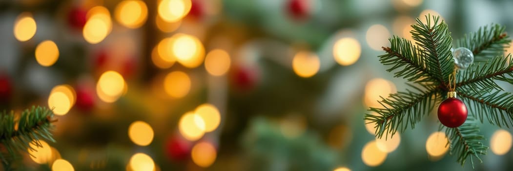 Sparkling lights and colorful ornaments bring life to a Christmas tree. Red baubles hang from green branches, creating a warm and joyful atmosphere perfect for the holidays.