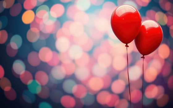 Two red balloons are tethered together, rising against a vibrant bokeh backdrop of soft pink and blue lights, creating a cheerful and festive ambiance for any celebration.