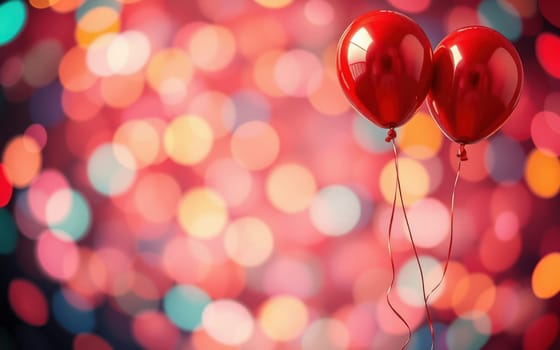 Two red balloons tied together stand out amid a vibrant, blurred background of colorful lights, creating a festive atmosphere perfect for celebrations or romantic events.