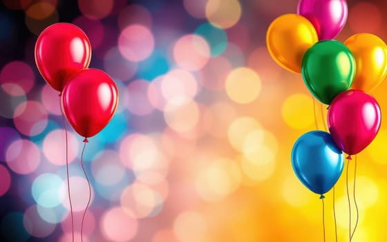 Brightly colored balloons in various shades float against a blurred, vibrant background. This setting creates a joyful atmosphere perfect for any festive occasion or celebration.