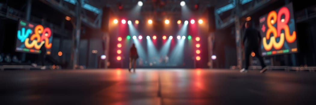 Colorful lights illuminate a large stage in a lively urban setting, preparing for an upcoming music performance. The audience eagerly anticipates the show.