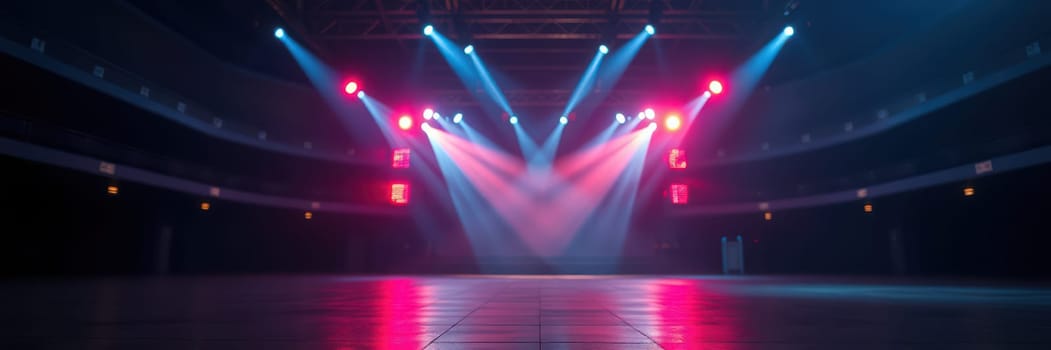 A vibrant concert stage is set with dynamic blue and pink lights illuminating an empty wooden floor. The atmosphere builds anticipation for an upcoming performance, displaying a sophisticated design.