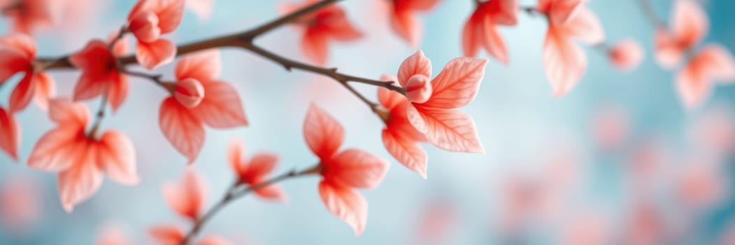 Delicate pink leaves emerge on a branch, set against a gentle blue backdrop. The scene captures the essence of spring, evoking a tranquil atmosphere.