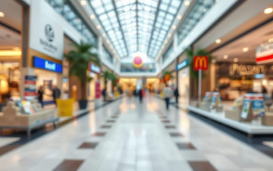 The interior of a bustling shopping mall showcases a variety of stores. Shoppers leisurely stroll under a bright glass ceiling during a busy afternoon.