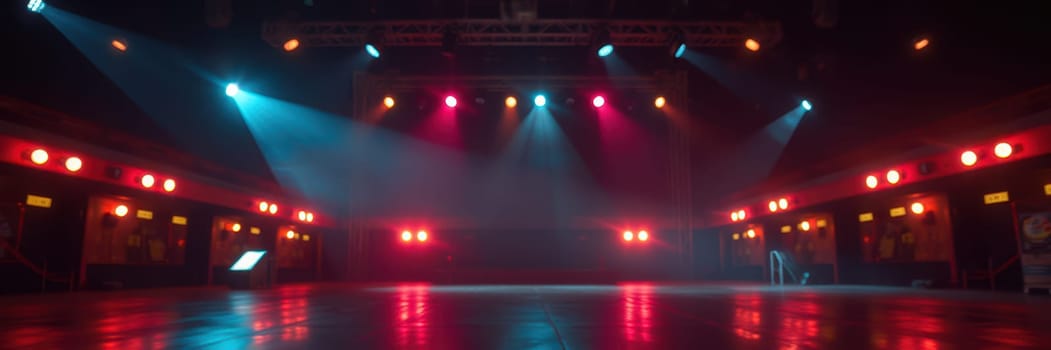 Vibrant lights cast colorful beams across an empty dance floor, creating an energetic atmosphere in the venue at night. The setup suggests preparations for an event.