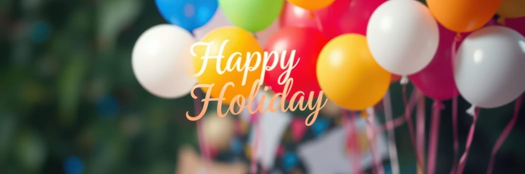 Bright, colorful balloons in various shades adorn the scene, creating a cheerful atmosphere filled with holiday spirit and celebration, perfect for gatherings.