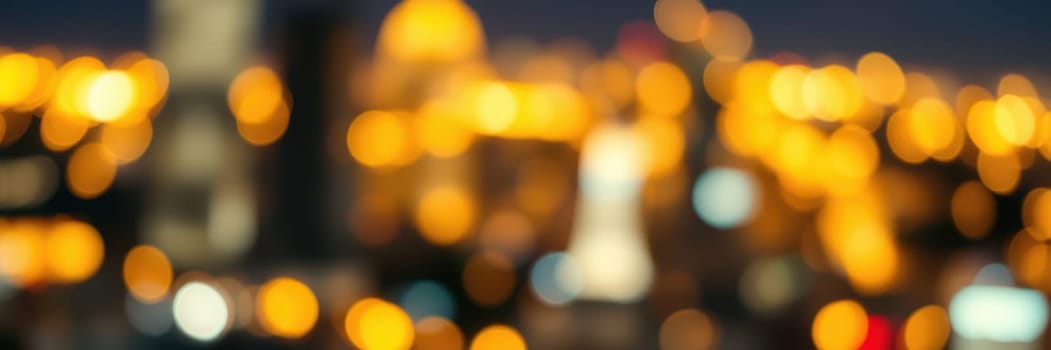 A blurred view of a city skyline at night shows bright, glowing lights illuminating the buildings, creating a lively urban atmosphere under a clear sky.