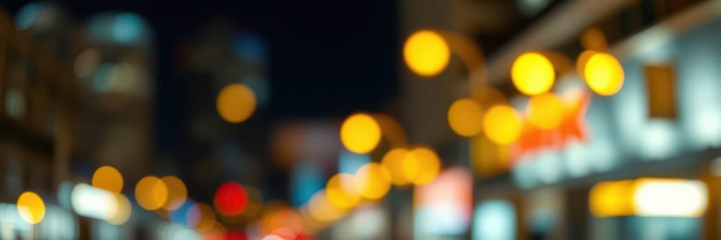 A bustling city street comes alive at night, illuminated by warm street lamps and distant neon lights, creating a lively yet blurred atmosphere filled with movement.
