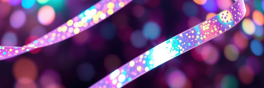 A vibrant bokeh background displays colorful lights flowing around a shimmering ribbon, creating a cheerful and festive mood, perfect for celebrations or events.