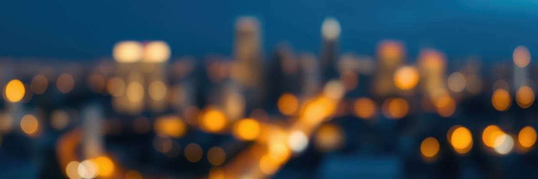 A vibrant city skyline is illuminated by golden lights as twilight descends. The blurred view captures the essence of urban life, showcasing activity and excitement in the evening.