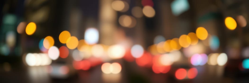 Colorful lights illuminate the bustling city streets at night, with blurred movements of vehicles and pedestrians creating a dynamic urban scene filled with energy.