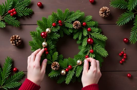 Hands decorating a pine wreath with red berries, shiny ornaments, and glittering accents, creating a festive holiday centerpiece. High quality photo