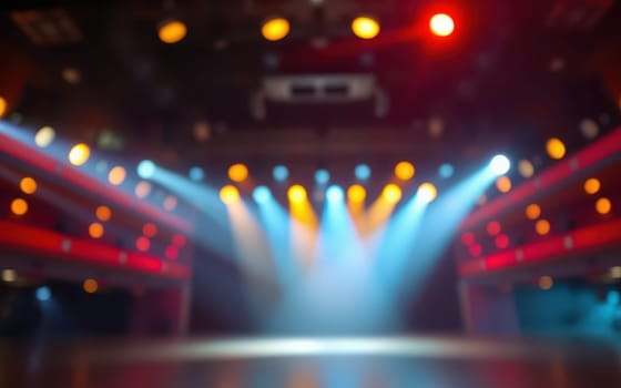 The performance space is filled with vibrant, colorful lights that create an exciting atmosphere. The arrangement suggests preparation for a theatrical or musical event.