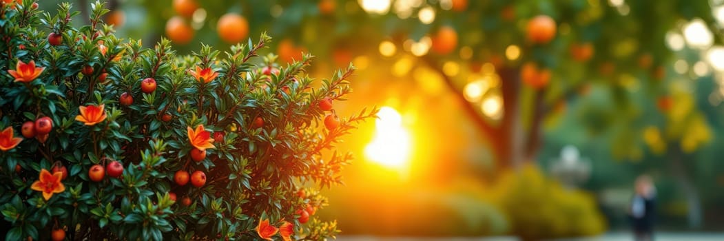 Vibrant orange blossoms and lush greenery fill the garden as the sun sets, casting a warm golden hue and creating a peaceful atmosphere for relaxation.
