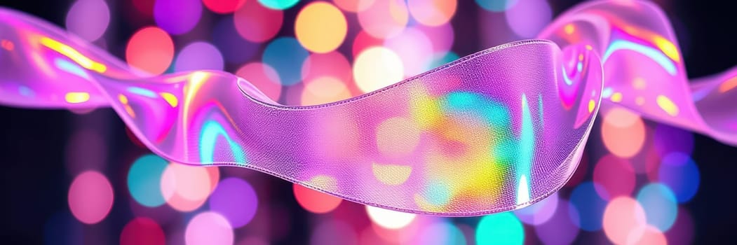 A translucent ribbon dances in the foreground, illuminated by bright bokeh lights in various colors. The setting conveys a joyful and festive spirit, perfect for celebration.