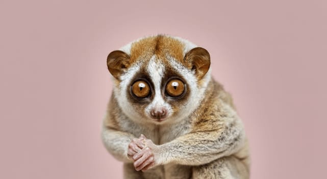 A close-up depiction of a slow loris showcasing its distinctive large, round eyes and gentle fur texture. the soft pink background adds a warm ambiance, the loris's curious expression.