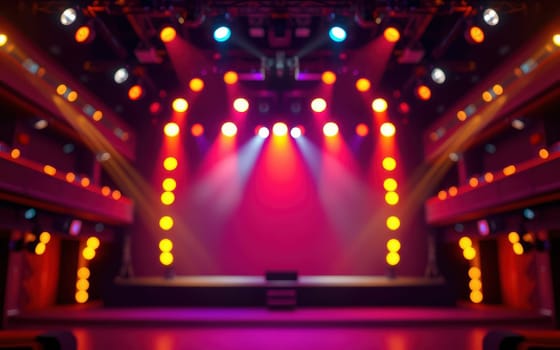 Bright stage lights in various colors fill the venue with energy, setting the atmosphere for a thrilling performance. The stage is empty, waiting for the artists to take the spotlight.