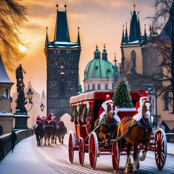 Santa Claus rides in a carriage with horses on a bridge Prague Czech Republic holiday city winter . High quality illustration