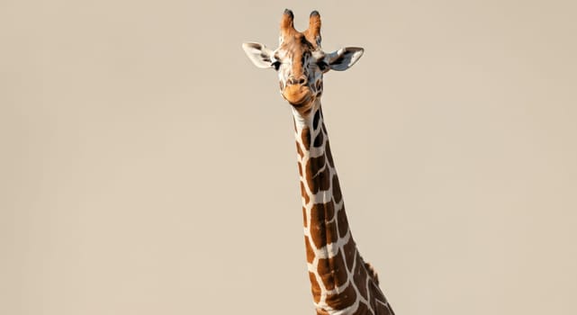 Close-up of a giraffe standing against a neutral background, showcasing its distinct patterns and long neck. the composition emphasizes the elegance and grace of this majestic animal, ideal for nature and wildlife-themed projects.