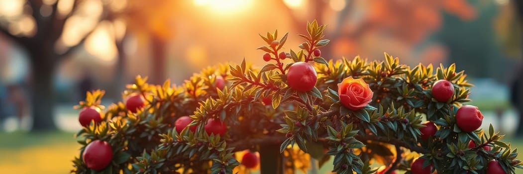 A colorful floral display featuring lush greenery and vibrant blooms is illuminated by the warm glow of a sunset. The backdrop includes blurred figures enjoying the autumn day.