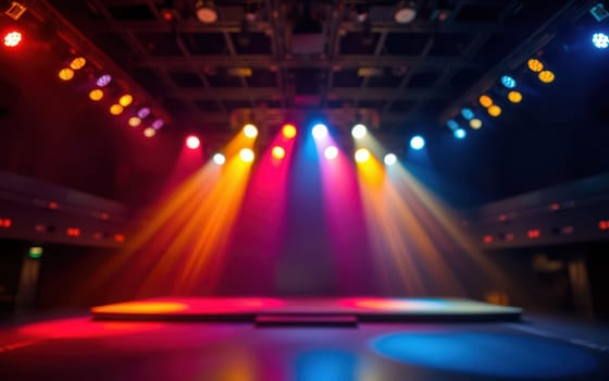 Brightly colored lights shine down on a stage, creating a dynamic atmosphere for a performance. The colorful beams enhance the excitement of the upcoming event.