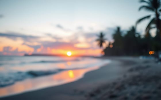 As the sun sets, vibrant colors fill the sky above a calm beach. Soft waves gently crash on the sand, while palm trees sway in the warm evening breeze.