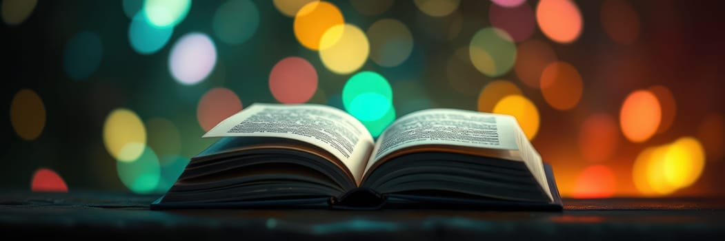 An open book lies on a wooden table, its pages softly illuminated by warm, colorful bokeh lights in the background, creating a tranquil and inviting setting for reading.